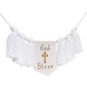 Cross Tassel Highchair Banner - Easter Christening Celebration Decorations, God Bless White Wood Bead Garland, Blessing Christening Photo Props, First Communion Party Supplies(God Bless Tassel)