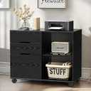DUMOS Wood File Cabinet with 3 Drawers, Rolling Printer Stand, Black