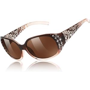 FEISEDY Women's Polarized Sunglasses Wrap Around Rhinestone Design Fashion Sunnies UV400 Protection B1091, Gradual Tea Frame & Tea Lens
