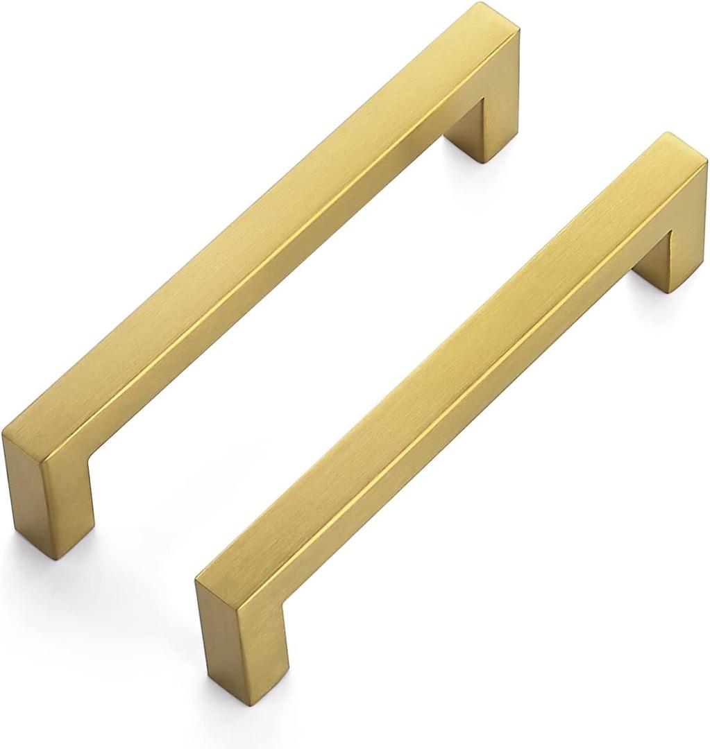 Ravinte 30 Pack 5 Inch Square Cabinet Handles, Brushed Brass Finish, Stainless Steel Kitchen Hardware Pulls with 5" (128mm) Hole Center for Cabinets, Gold (5 Inch Hole Center)
