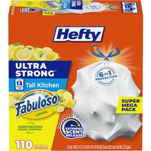 Hefty Ultra Strong 13 Gallon Trash Bags, Tall Kitchen Trash Bags 13 Gallon Size, Resist Leaks, Punctures, and Rips, Continuous Odor Control, White, Fabuloso Lemon Scent, 110 Bags