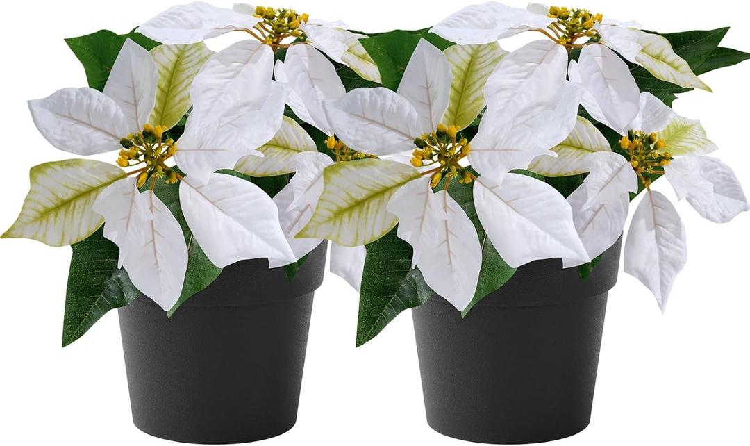 WOBUBU Mini Poinsettias Artificial Plants 2 Pack 9" Faux Small Christmas Flowers in Pot for Home Office Tabletop Indoor Christmas Decorations White