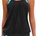Yonique Two Piece Tankini Bathing Suits T-Back Blouson Swim Tops with Boy Shorts Women Swimsuits Sporty Swimwear (X-Large, Black & Green Floral)