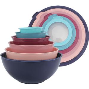 COOK WITH COLOR Mixing Bowls with TPR Lids - 12 Piece Plastic Nesting Bowls Set includes 6 Prep Bowls and 6 Lids, Microwave Safe Mixing Bowl Set (Multicolored Set with Large Blue Bowl)
