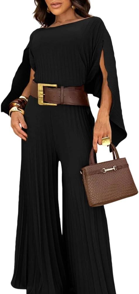 CHICME Women's 3 Piece Pleated Outfits One Shoulder Tops with High Waisted Wide Leg Pants Casual Vacation Outfit (Black, L)