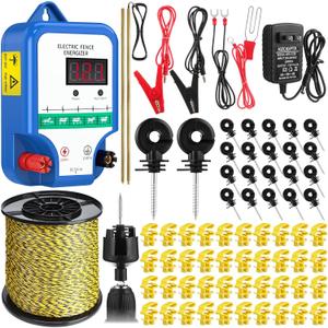 MorningRo 10 Mile Electric Fence Kit for Livestock, 3 Joule 12KV Fence Charger with LED Display, 3366 ft 9-Strand Polywire, 60 Insulators & Ground Rods, AC/DC Fencing System for Horse Cattle Pasture