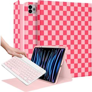 Wazzasoft for iPad Air 13 inch Case Keyboard M2/M3, for iPad Pro 12.9 Case with Keyboard Pencil Holder Folio Women Girls Cute Kawaii for Apple Tablet Cover Air 13, Pro 12.9 inch, Pink Checkered
