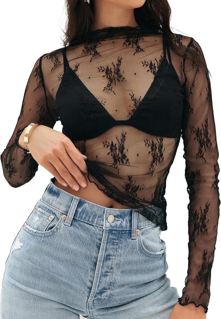 MEROKEETY 2024 Womens Mesh Sheer Long Sleeve Layering Top Mock Neck Lace Floral See Through Shirt Blouses Black X-Small