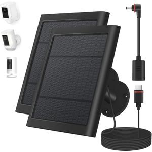 2 Pack 4W Solar Charger for Ring Spotlight & Stick Up Outdoor Cam, Black, High Efficiency, 10FT/3M Long Cable with USB-C to Ring Barrel Plug Adapter