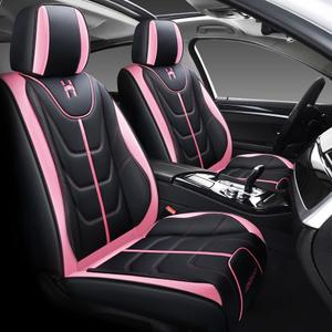 LK Full Set Car Seat Covers for Front Seats and Rear Seats, Luxury PU Leather Car Seat Pads Protectors Waterproof for Most Sedan SUV (Black and Pink)