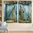 Farmhouse Barn Door Window Curtains 63 inches Long, Rustic Teal Wooden Panels, Vintage Boho Flower Window Treatment Curtain, Retro Country Drapes for Window (2 Panels, 84 inches Wide)