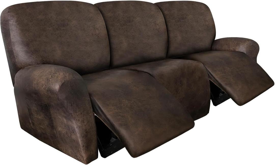 Leather Look Recliner Couch Cover 8-Piece Recliner Sofa Slipcovers 3 Seater for Reclining Couches Furniture Protector Spandex Fabric Washable (Recliner Sofa, Brown)