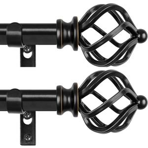 KAMANINA 2 Pack Curtain Rods 32 to 58 Inches (2.6-4.8ft), 3/4 Inch Black Curtain Rods for Windows Splicing Adjustable Single Drapery Rod with Twisted Cage Finial, for Indoor and Outdoor
