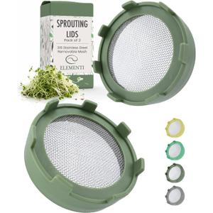 Elementi Sprouts Growing Kit for Wide Mouth Mason Jars, Set of 2 Sprouting Lids for Organic Alfalfa & Mung Bean Sprouts Grow Kit, 316 Stainless Steel Mesh Screen Strainer Lid (Sage Green)