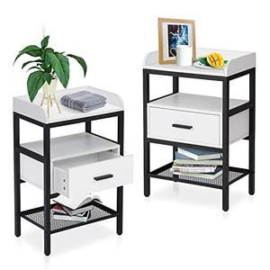 Nightstand Set of 2, 3 Tier End Table with Drawer and Storage Shelf, Industrial Bedside Table with Adjustable Feet, Wooden Accent Furniture for Bedroom Living Room