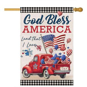 4th of July House Flags for Outdoor,Patriotic American Truck with Buffalo Plaid Yard Flags for Outside,Memorial Decorative Flag for 250th USA Anniversary Holiday Decoration 28x40 Inch Double Sided