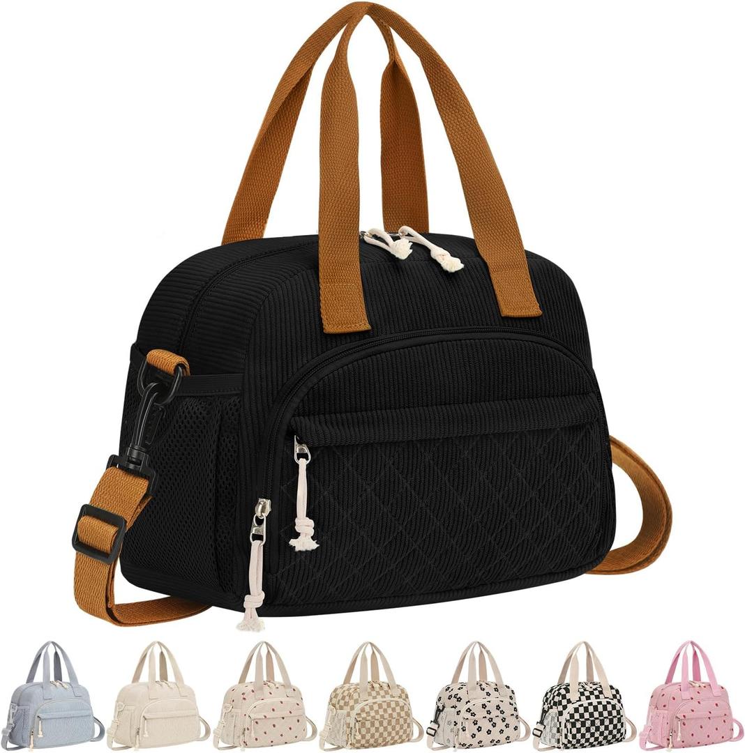 Corduroy Insulated Lunch Bag for Women Teen Girls, Portable Adult Lunch Box, Reusable Tote Cooler Bags, Lightweight Womens Lunch Bags with Front Pockets for Work School Picnic Travel, Black
