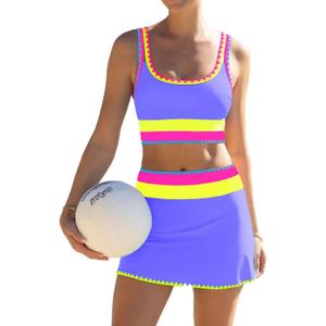 popvil High Waisted Bikini Sets for Women Tummy Control Swimsuits 3 Piece Bathing Suits Neon Swimwear with Skirt 2026 (Purple, XL)