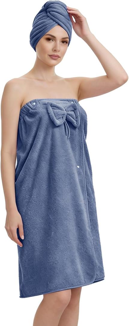 Bath Towels Wrap for Women, Quick-Dry Shower Body Wrap & Hair Towel with Secure Closure (Blue, S-XL)