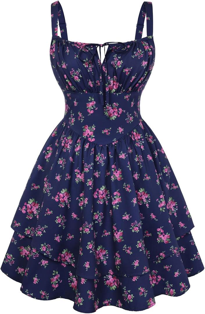Scarlet Darkness Floral Mini Corset Dress for Women Teen 2026 Summer Spring Flowy A-Line Sundress with Pockets S