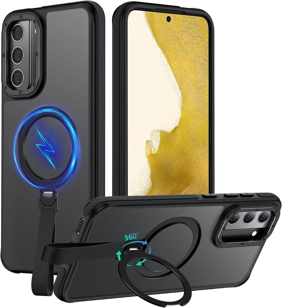 for Samsung Galaxy S22 Case with 360°Spin Magnetic Stand & Finger Strap, [Fit for MagSafe][Mil-Grade Protection] Ring Holder Kickstand Non-Slip Shockproof Matte S22 Phone Case (Black)