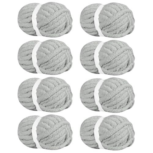BSRHOME Chunky Chenille Yarn for Hand Knitting,Fluffy Soft Jumbo Yarn by Circular Needle & Crochet Hook,Super Bulky Big Yarn for Chunky Blanket,Large Thick Arm Knitting,8 Pack,Light Grey