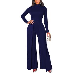Women's Casual Long Sleeve Round Neck Jumpsuits Work Wide Leg Pants Club Party Loose Rompers (X-Large, 10824dark Blue)