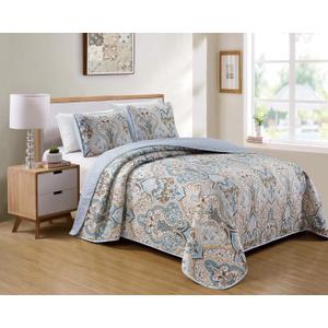 Kids Zone Home Linen Bedspread Set Damask Pattern Light Blue White Beige and Brown New (Full/Queen)
