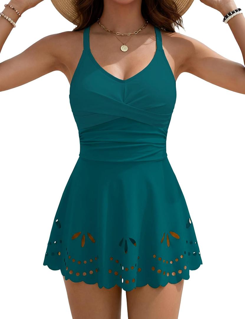 Womens Tankini Swimsuits Tummy Control Bathing Suit Twist Front Cutout Swim Dress with Bikini Bottoms (Green, L)
