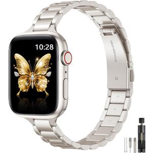 WFEAGL Thin Metal Bands Compatible with Apple Watch Band 46mm 45mm 44mm 49mm 42mm (Series 3 2 1) for Women, Slim Stainless Steel Wristbands for iWatch Ultra SE Series 11 10 9 8 7 6 5 4 (Starlight)