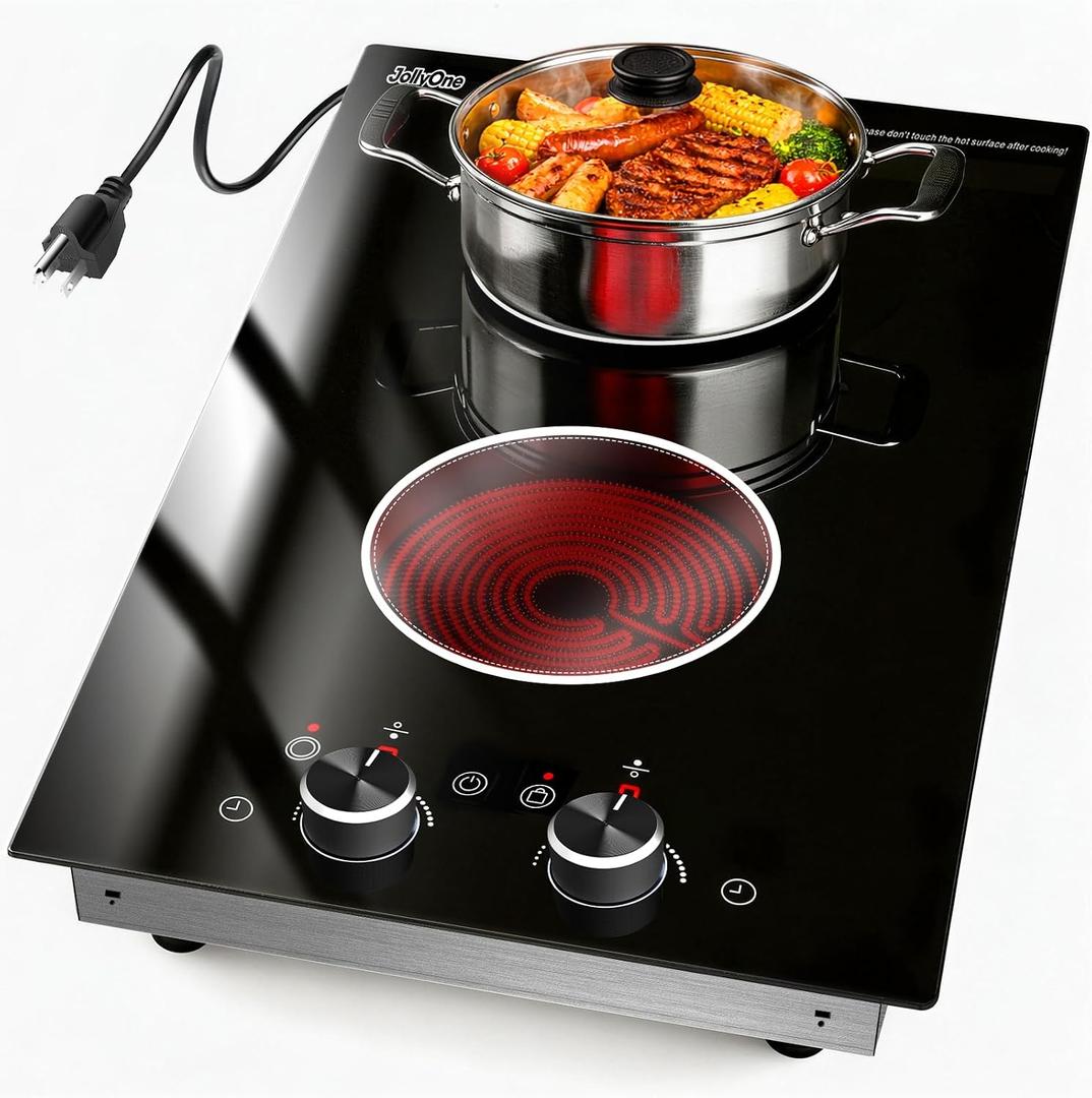 2 Burners Electric Cooktop 12 Inch, 1800W Knob Control Electric Stove Top Burner Hot Plate, 110V-120V Bulit-in & Countertop Ceramic Radiant Stove with Timer, Multi-Ring Control