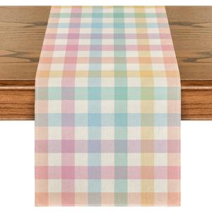 Artoid Mode Blue Pink Yellow Buffalo Plaid Table Runner, Daily Holiday Check Kitchen Dining Table Decoration for Home Party Outdoor 13x108 Inch