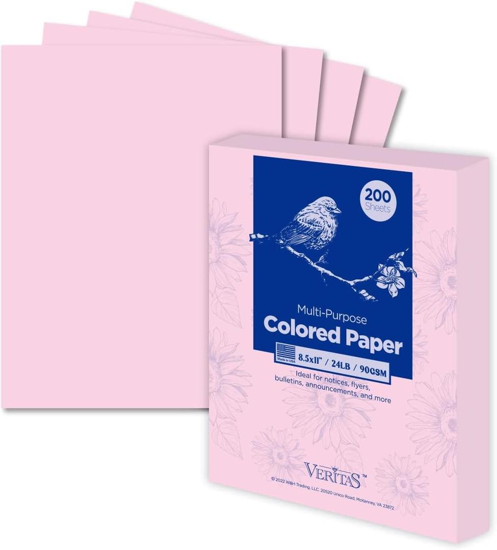 WritePads Veritas Color Copy Paper,Multi-Purpose paper,Colored Printer Paper 8.5 x 11, 24 lb / 90 GSM,Pink,200 Sheets (1 Reams)Made in USA