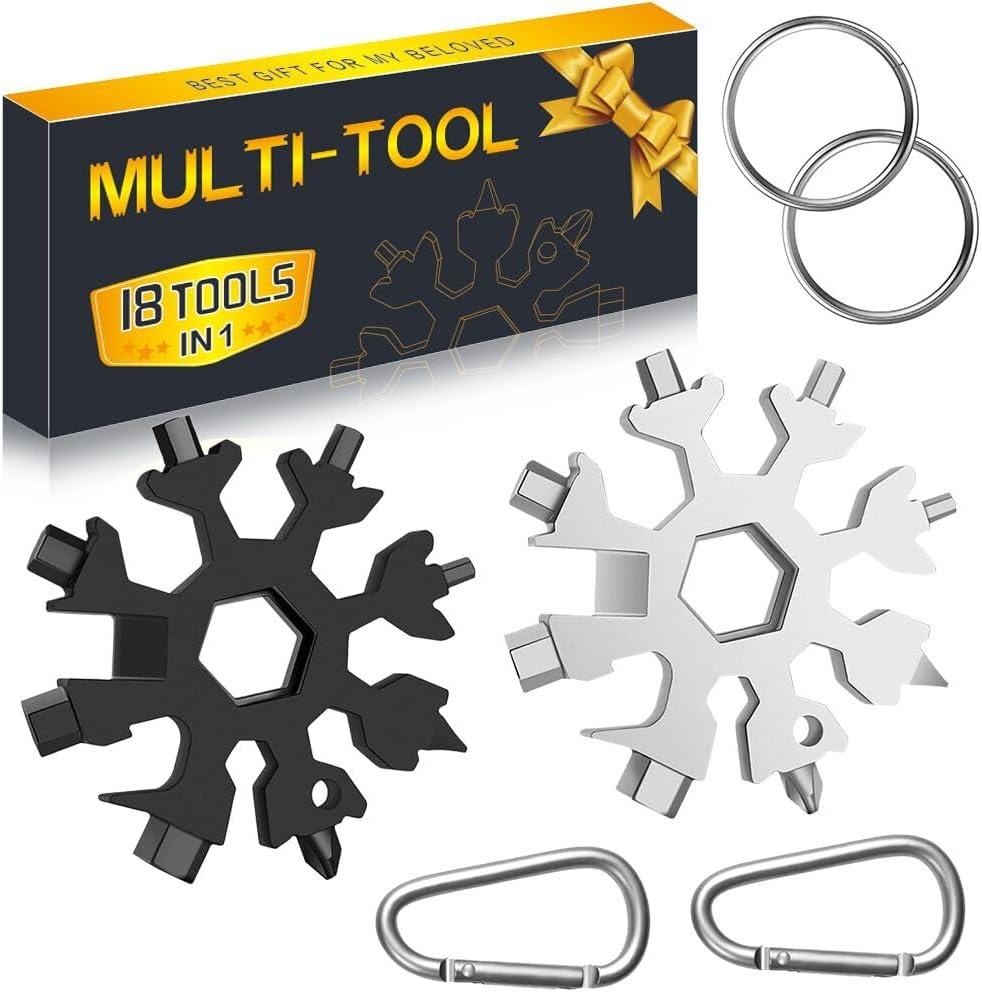 Stocking Stuffers for Men - Snowflake 18 in 1 Multitool Christmas Gifts, 2 Pack Multi Tools for Dad from Daughter Son, Gifts for Father Husband Him (Silver+Black)