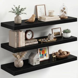 Fun Memories 32 Inch Floating Shelves for Wall, Black Wood Wall Mounted Shelf with Invisible Bracket, 10 Inch Deep Large Shelves for Living Room Bathroom Bedroom, Set of 3, 10"D x 32"L-3P