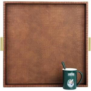 HofferRuffer Elegant Decorative Serving Tray, 20"x20" Square Faux Leather Ottoman Tray with Gold Hardware Handles, Coffee Table Serve Tea Coffee or Breakfast (Antique Brown)