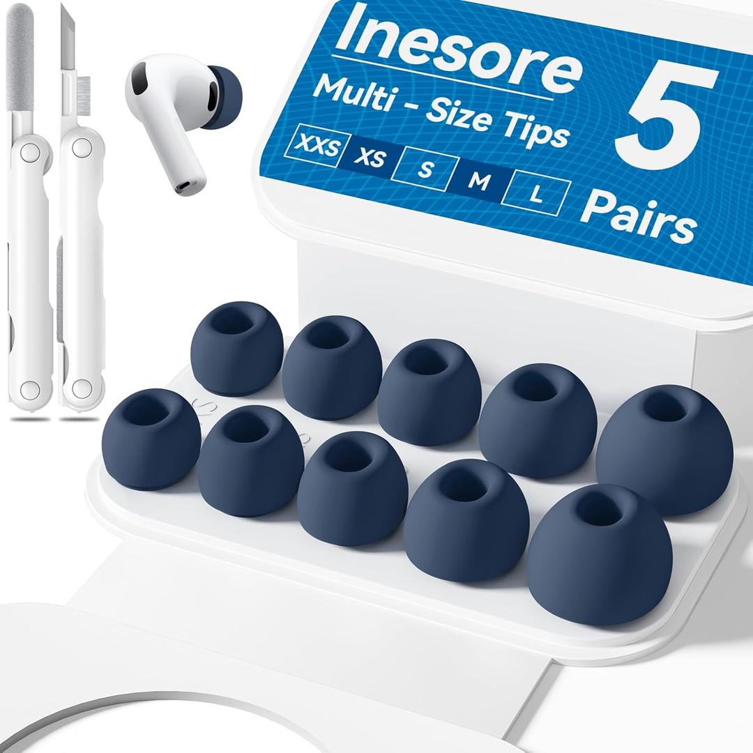 Inesore 5 Pairs Replacement Ear Tips for AirPods Pro 3 (2025) with Portable Storage Box & Cleaner Pen,Built-in dust Guard Screen Silicone Ear Tips 5 Sizes (XXS/XS/S/M/L) - Blue