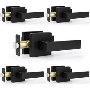 Estmoon 5 Pack Passage Door Handles Matte Black Door Knobs, Interior Door Knobs Square Heavy Duty Non-Locking Handlesets Hall Closet Handles, Reversible for Right & Left Sided Doors