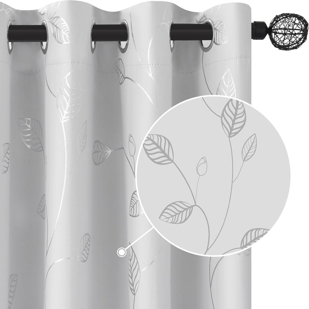 BUHUA Wave Silver Leaf Print Blackout Curtains for Living Room Darkening Curtains Light Blocking Curtains for Bedroom 66W84L Greyish White 2 Panels