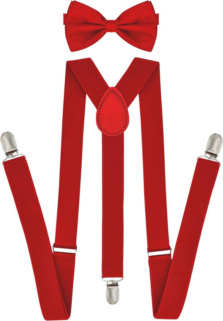 trilece Mens Suspenders and Bow Tie Set  Adjustable Y-Back Suspenders with Matching Bow Tie for Weddings and Formal Wear (Red)