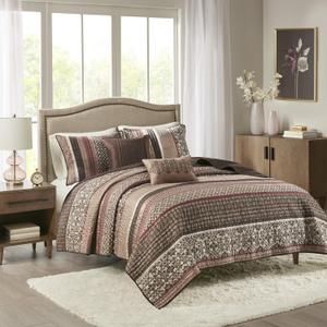 Madison Park Quilt Set Luxurious Jacquard Stripes Design - All Season, Coverlet Bedspread Lightweight Bedding Layer, Shams, Decorative Pillow, King/Cal King(104"x94"), Floral Red 5 Piece