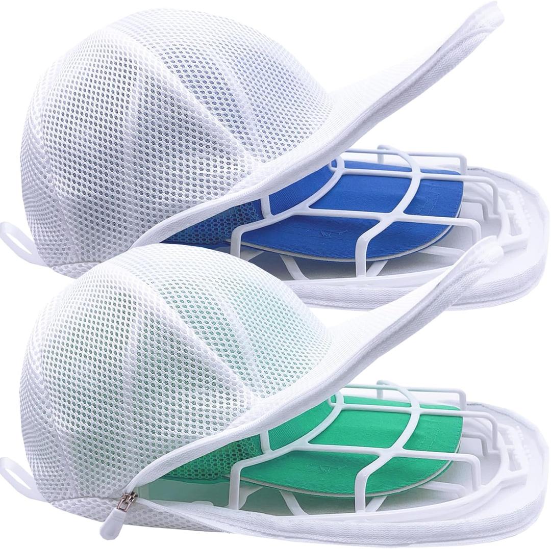 Hat Washer Cage for Washing Machine, Cap Washer with Mesh Bags, Hat Washer for Baseball Caps, Hat Cleaner/Cleaning Protector Cage (White - 2 Pack)