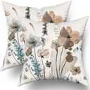 Brown Cream Grey Teal Floral Pillow Covers 22x22 Inch Watercolor Flower Couch Pillow Cases Rustic Abstract Modern Throw Pillows Set of 2 Farmhouse Home Decor for Room Bedroom Bed Cushion Outdoor