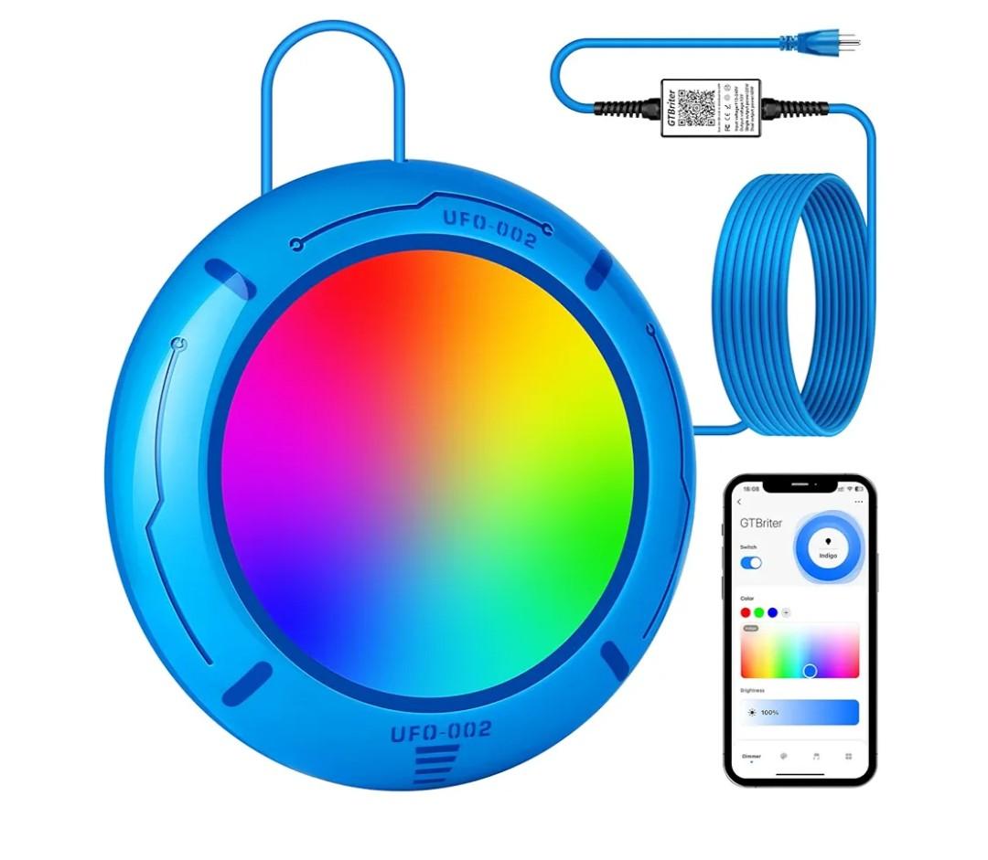 Above Ground Pool Lights with APP Control 20W RGB Dimmable LED Pool Lights with Suction Cups and Built-in Magnets 12V Underwater Pool Light for Above ground Inground Pools IP68 Waterproof 28FT Cord B