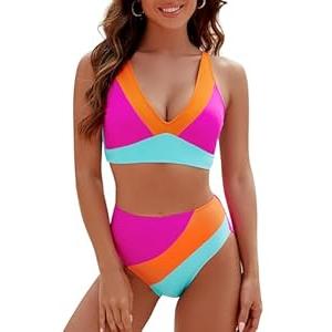 Blooming Jelly Womens High Waisted Bikini Athletic Two Piece Swimsuits Color Block Bathing Suit (Small, Hot Pink)