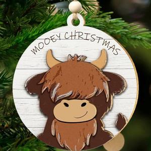 2 Layered Wooden Highland Cow Christmas Ornaments, Farmhouse Christmas Decor, Western Farm Decor Gifts for Family, Mom, Dad, Friends, Cow Farmers, Hanging on Holiday Decorations (Baby) 2 Pack
