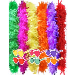 JICASTO Colorful Feather Boas 6 Packs, 6.6ft Turkey Boas for Women for Bachelor Party Halloween,with Heart Sunglasses
