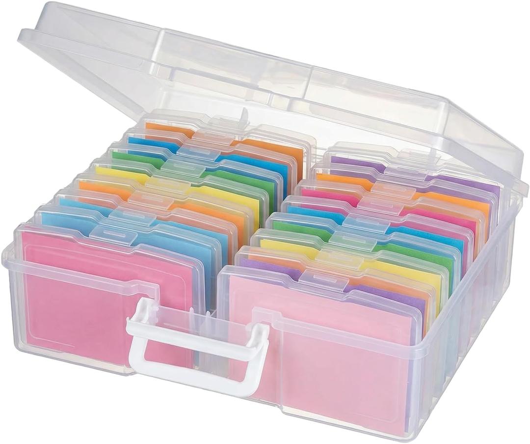 novelinks Transparent 4" x 6" Photo Cases and Clear Craft Keeper with Handle, 16 Inner Photo Organizers & Photo Storage Box, Plastic Photo Storage Containers (Clear) (White)