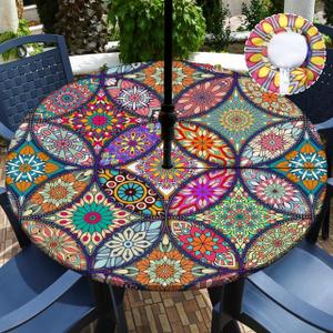 Buwuta Outdoor Tablecloth with Umbrella Hole and Zipper Waterproof Round Patio Table Cover Wipeable Round Outdoor Tablecloth for Outside, Picnic, Garden Fits to 45"-52" Patio Tables (Brown)