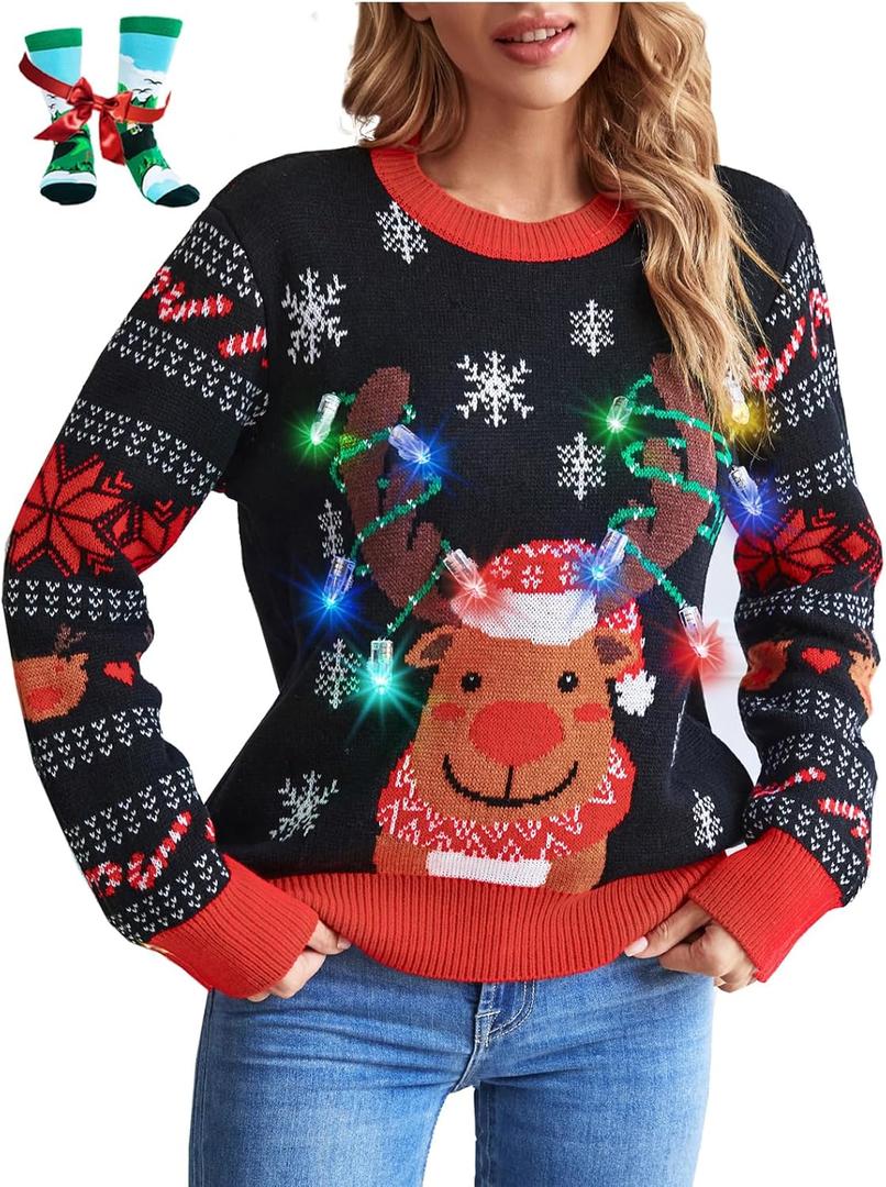 LANPULUX Christmas Sweater for Women Crewneck Adorable Ugly Christmas Sweater Family Matching Outfits Loose Pullover Knitwear (Small, Light Up)